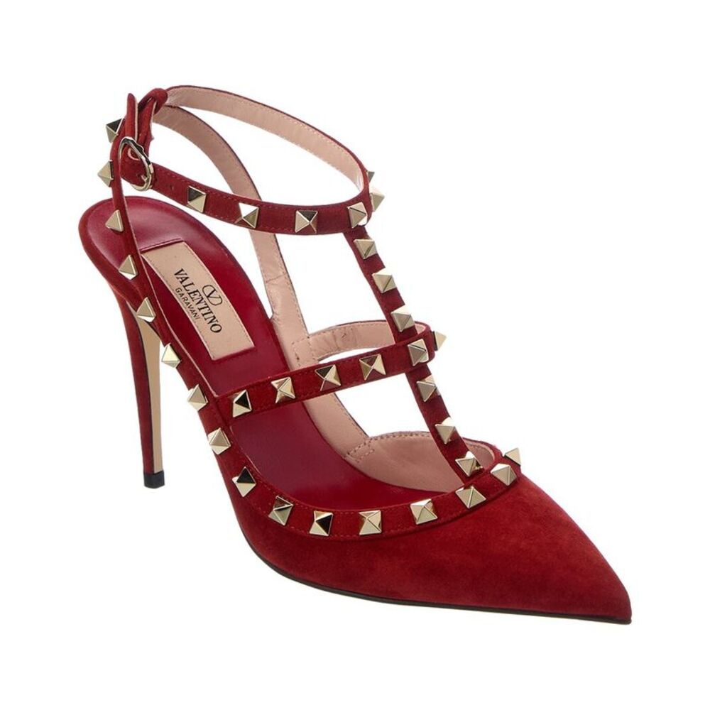 Valentino Rockstud Caged 100 Suede Pump, Red